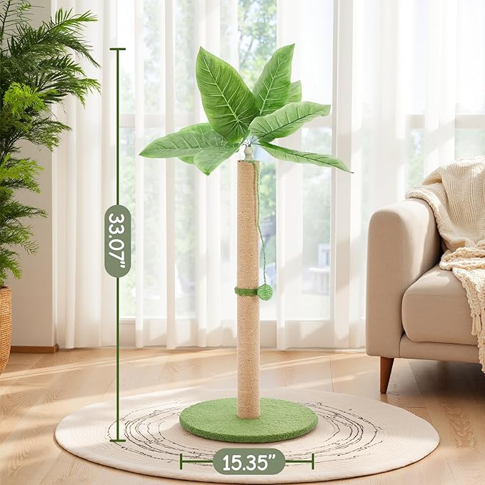 Sweetcrispy 33" Cat Scratching Post for Indoor Cats, Cat Scratcher Scratching Posts with Dangling Ball for Adult, Palm Tree Cat Scratch Post for Kittens, Green