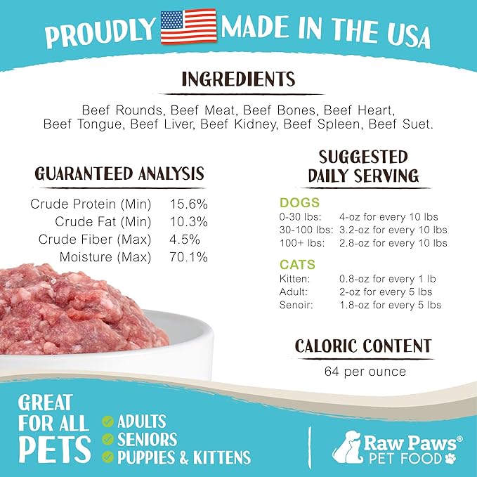 Raw Paws Signature Blend Pet Food for Dogs & Cats - Beef Recipe, 1-lb Rolls (10-Count) - Fresh Pet Food Made in USA, Grass-Fed Beef Log, Natural Dog Food Rolls, Raw Frozen Dog Food & Cat Food