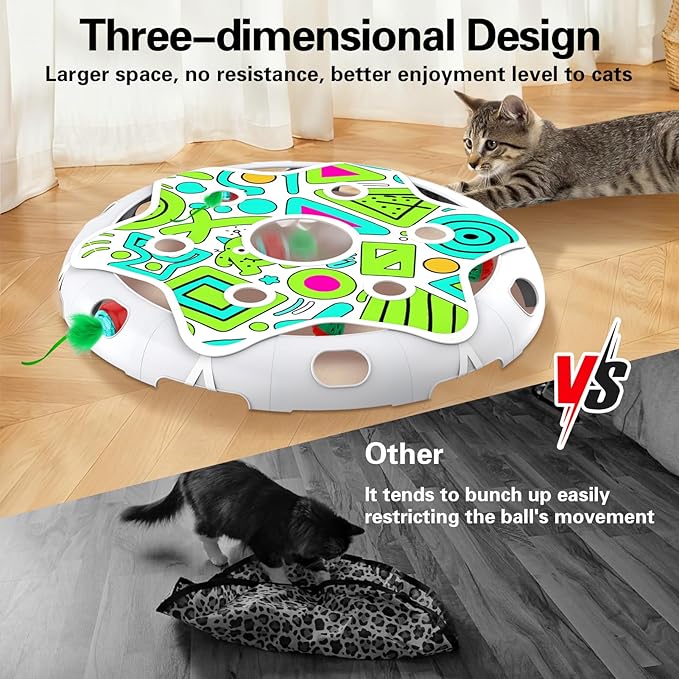 Interactive Cat Toy Playset, Hide and Seek Toy with Motion Activate Cat Ball, 2 Kitten Toys Bell Ball, Exercise Toys for Indoor Bored Adult Cats