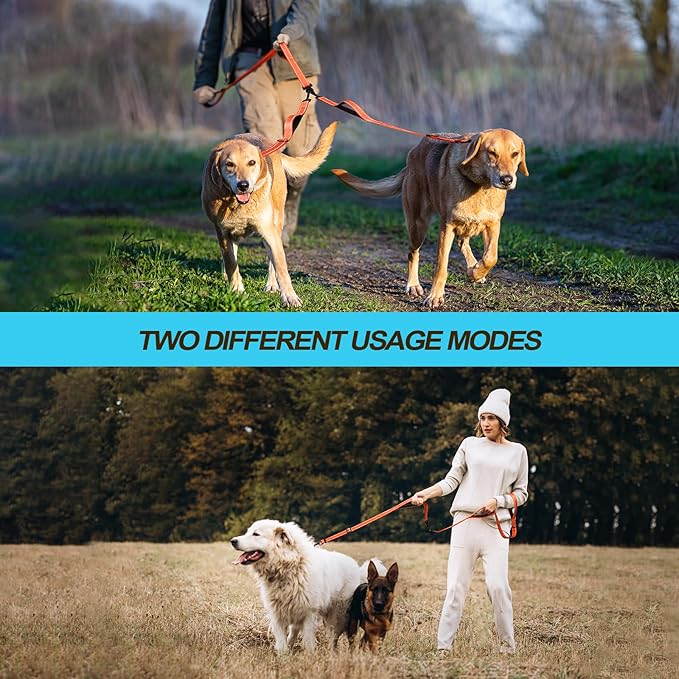 PetBonus Double Dog Leash, No Tangle Dual Leash, Reflective Walking Training Lead, 4 Comfortable Padded Handles for 2 Dogs with Collapsible Bowl and Waste Bags (Orange, Large)