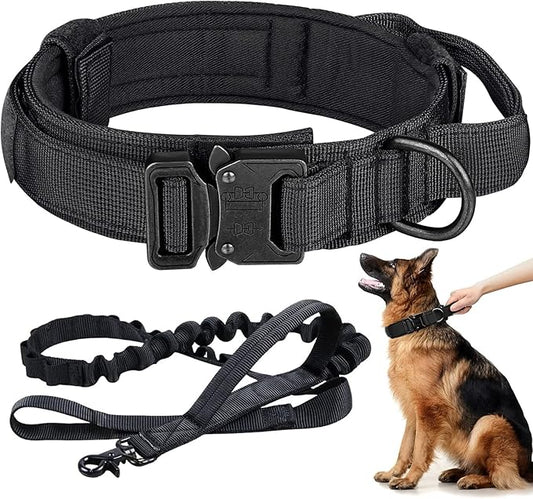 Tactical Dog Collar and Leash Set Heavy Duty Military Dog Collar with Handle and Metal Buckle for Medium and Large Dogs (Black, L)