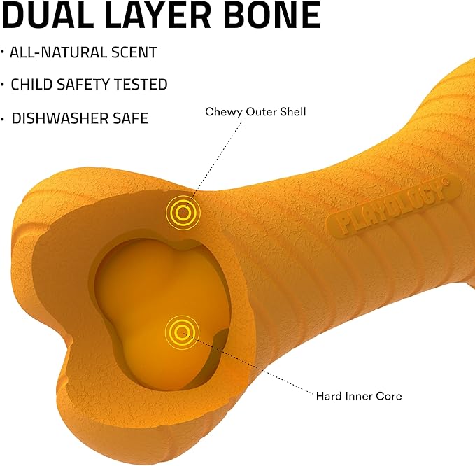 Playology Dog Toys | Dual Layer Bone Durable Chew Toy Bone for Dogs | Medium Pumpkin Spice Scented Toy - Easy to Clean and Made from Non Toxic Materials