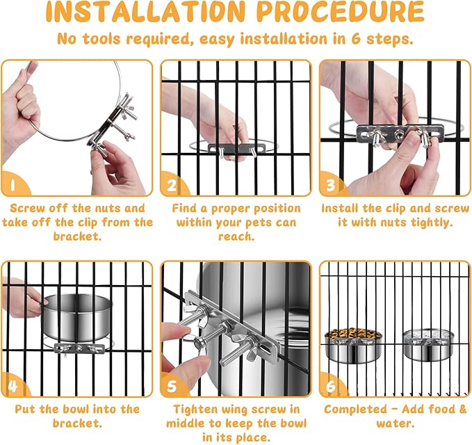 Small Dog Bowls, ShineMe 2 Pack Stainless Steel Pet Bowls Easily Affixes to Crate, Cage or Kennel - Non Spill Food & Water Bowls for Cat, Puppy, Birds, Guinea Pigs, Rabbit (4.7 x 2.1” & 3.9 x 1.9”)