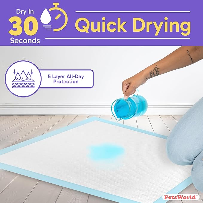PetsWorld XL Dog Pee Pads 30"x36", 300-Count – Heavy Duty, Leak-Proof Potty Training Pads for Puppies & Large Dogs, Super Absorbent, Quick-Dry Disposable Pads with Odor Control