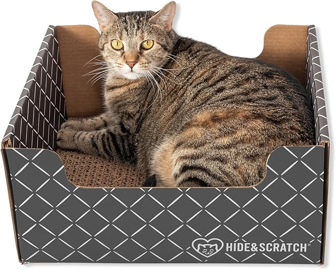 Hide & Scratch Cardboard Cat Scratcher Box & Bed - Dark Grey Diamond | Double-Sided Corrugated Pad for Indoor Cats | Refillable Scratching Board Toy for Play & Furniture Protection