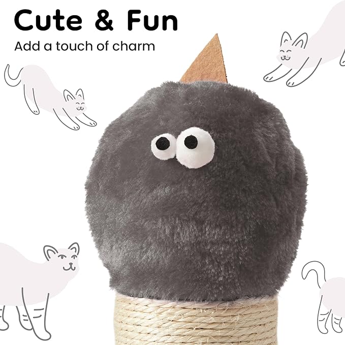 Indoor Cat Scratching Post: 22 in Tall Cat Scratcher with Natural Sisal Rope, Cute Monster Design Kitty Pet Tower with Sturdy Wood Base, Great Gift for Small and Large Kittens, Grey