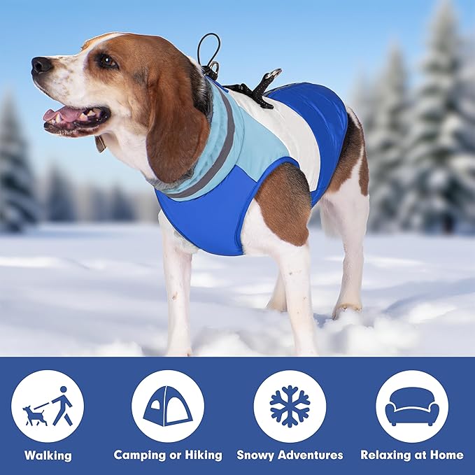 azuza Dog Jacket for Medium Dogs Waterproof Dog Coat with Reflective Strips and Harness Built in Warm Fleece Dogs Winter Coat Windproof with Back Zipper, Blue 2XL