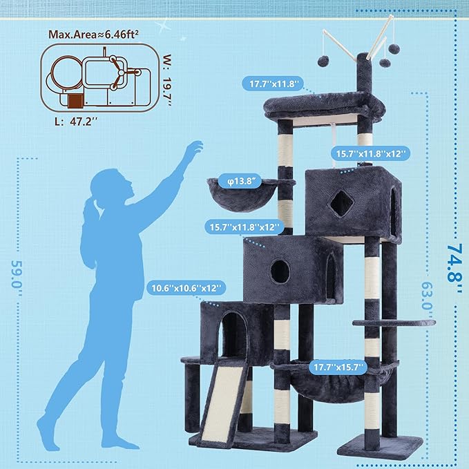 Hey-brother Cat Tree Tower, Scratching Posts with 3 Condos, Large Basket, Cozy Bed, Sisal Board, Step-by-Step Climbing Pathway and Toys, 74.8 inches Furniture for Big Indoor Cats, Smoky Gray MPJ081G