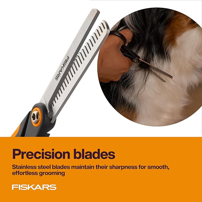 Fiskars Pet Blending Scissors, Dog and Cat Grooming Scissors, Serrated Teeth for Thinning & SoftGrip Handle, Cat and Dog Supplies, 6.5”, Orange/Black