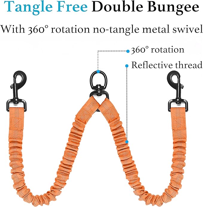 iYoShop Dual Dog Leash - 360° Swivel, No Tangle Walking Leash with Shock Absorbing Bungee for Two Dogs (Large, 25-150 lbs, Orange)