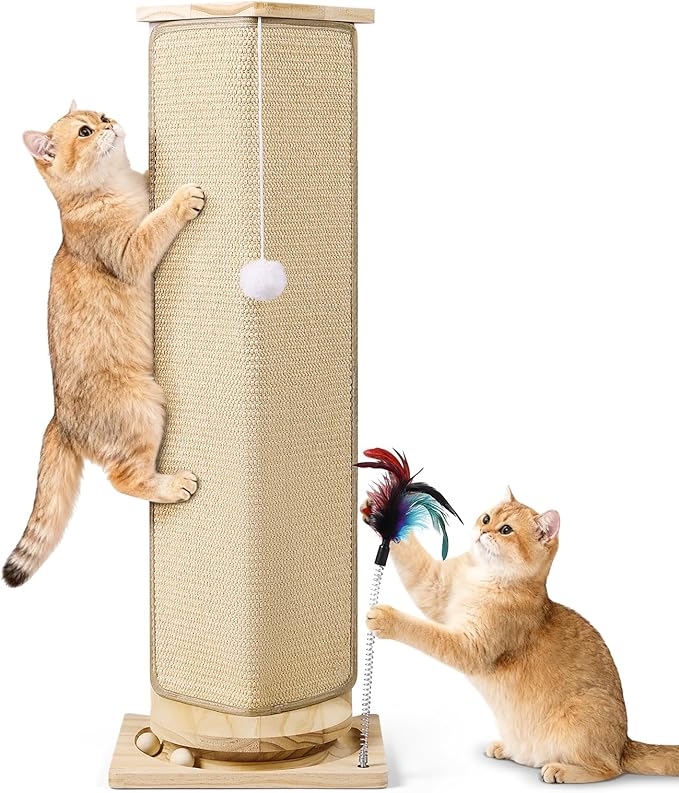 Couch Corner Cat Scratcher, 31'' Tall Cat Scratching Post with Interactive Ball Toys, Replaceable Sisal Scratch Pad for Indoor Cats, Furniture Protector for Sofa Wall