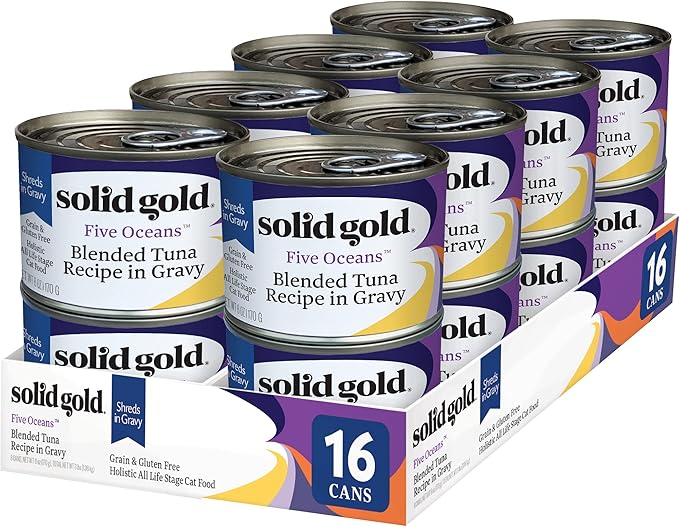 Solid Gold Wet Cat Food Shreds in Gravy - Canned Cat Food Made w/Real Tuna - Five Oceans Grain Free - 16ct/3oz Can