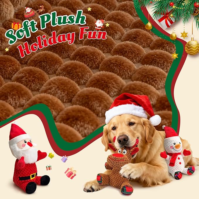 Christmas Dog Toys Set - 3 Pack Durable Squeaky Dog Toys for Small, Medium & Large Dogs, Soft Plush Santa, Reindeer & Snowman Gift for Pets