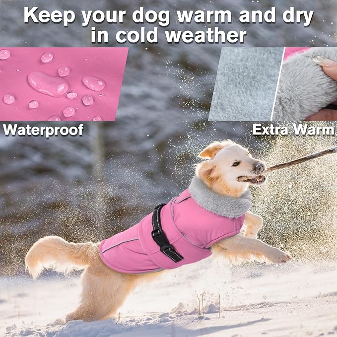 Lelepet Warm Dog Coats for Medium Dogs Waterproof Dog Winter Jacket Reflective Pet Fleece Vest Windproof Cold Weather Coats with Adjustable Buckle & Leash Hole, Pink, M