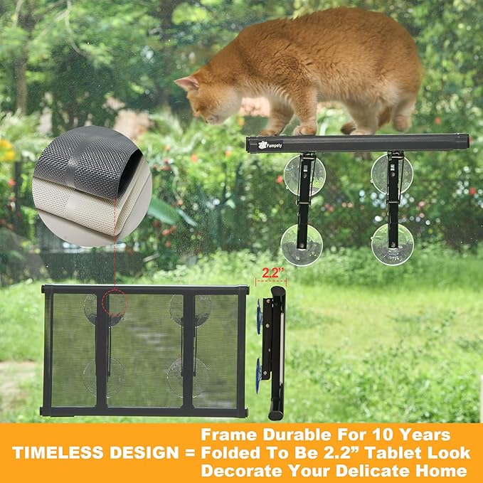 17" Small Cat Window Perch (1pc) for Narrow Space,Foldable,Cordless,Hold Up 60lbs,All Preassembled,4pc Extra Suction Cup,Sturdy Underneath Support,Textilene Seat Bed,Easy Clean,Quick Dry-Black