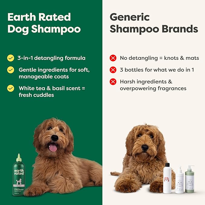 Earth Rated Hypoallergenic 3-in-1 Detangle Dog & Puppy Shampoo & Conditioner, Perfect for Doodles and Poodles, Deodorize 98.5% Natural, 16 oz