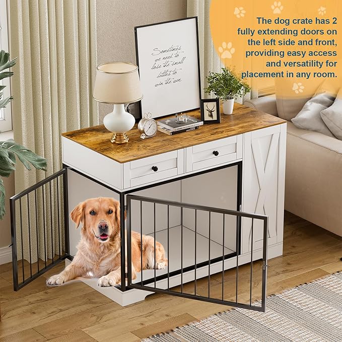 PAKASEPT Dog Crate Furniture, Dog Crate for Small to Large Dogs with Storage Cabinet and Feeder, Dog Kennel Furniture with Double Doors for Small/Medium/Large Dog