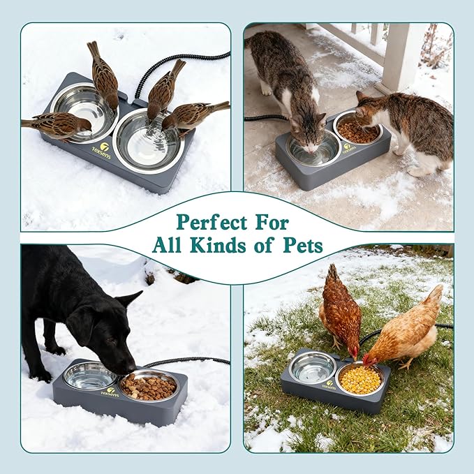 Heated Cat Bowl for Outdoor Pets - Double Stainless Steel Food & Water Bowls with Chew-Resistant Cord - Fully Waterproof Winter Feeding Station for Cats and Dogs - 20.3 OZ Each