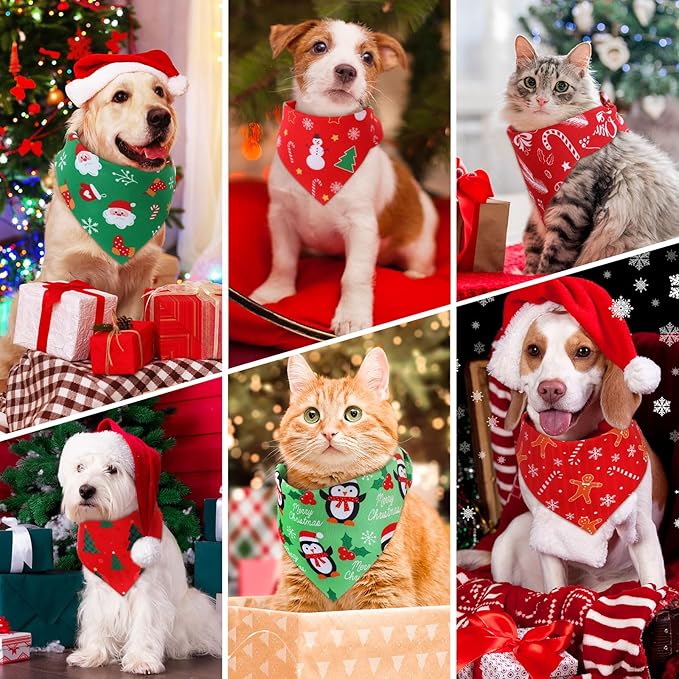 Preboun 200 Pcs Christmas Dog Bandanas Bulk Xmas Red and Green Bandanas for Dogs Triangle Kerchief Bibs Scarf Set for Pet Christmas Costume Photo Props Accessories Pet Shops, 25 Styles