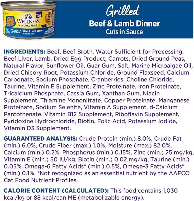 Wellness Complete Health Grilled, Adult Wet Cat Food, Natural, Protein-Rich, Grain-Free, Canned, 3 Ounce, 12 Pack, (Beef and Lamb Dinner Recipe)