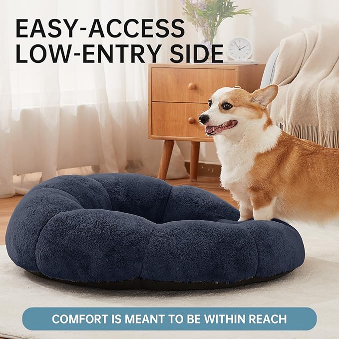 OhGeni 31 inches Calming Donut Orthopedic Dog & Cat Bed for Medium Pets, Warming Comfort Fluffy Short Pile Fur, Durable Waterproof Machine Washable Removable Cover, Cute Round Bed for Puppy, Blue