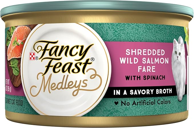 Purina Fancy Feast Wet Cat Food, Medleys Shredded Wild Salmon Fare with Spinach in a Savory Cat Food Broth - 3 oz. Can (Pack of 12)