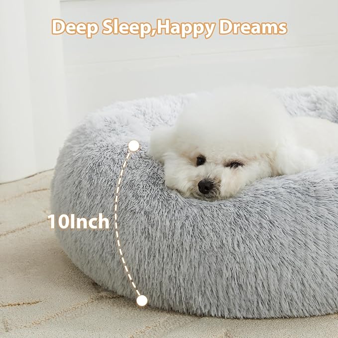 WNPETHOME Calming Dog Bed Cat Bed Donut, Faux Fur Pet Bed Self-Warming Donut Cuddler, Comfortable Round Plush Dog Beds (27 x 27 Inch, Light Grey)