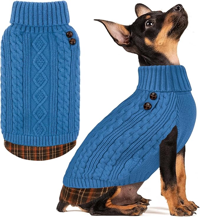 KYEESE Dog Sweater Stretchy Knitwear Cat Clothes Thick Pet Coat for Fall Winter Cold Weather Warm Turtleneck Small Dogs Sweater with Gingham Patchwork Soft Pullover Dog Sweaters for Small Dogs Male