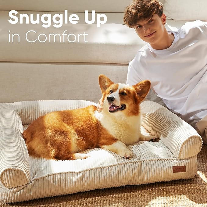 FUKUMARU Cute Dog Bed, Waterproof Corduroy Dogs Couch, 36in Orthopedic Pet Sofa for Medium to Large Dogs Dog, Warm Cotton Pet Bed with Washable Cover, Cream