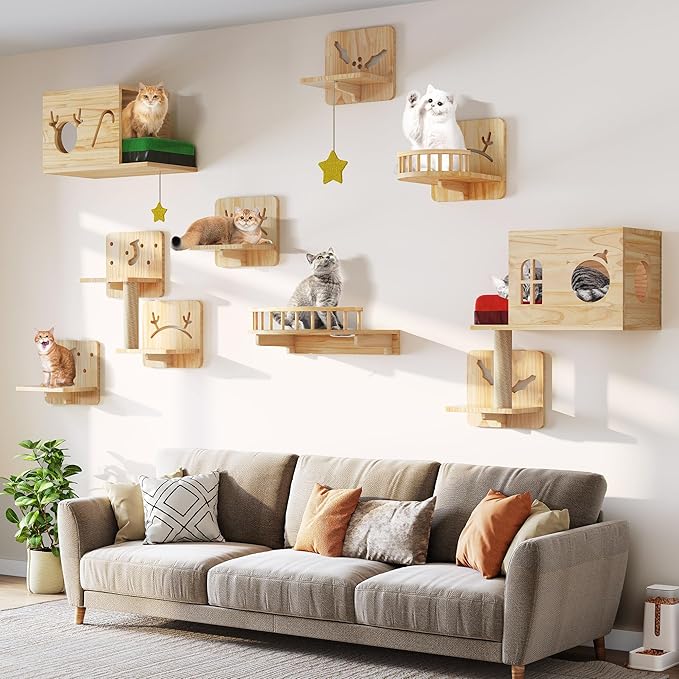 Cat Wall Shelves, 17-in-1 Solid Wood Wall-Mounted Cats Furniture Set with Scratching Post, Cat Climbing Wall Systems with Condos, House, Steps, Cushion, Small Bowl, Cats Shelf Furniture