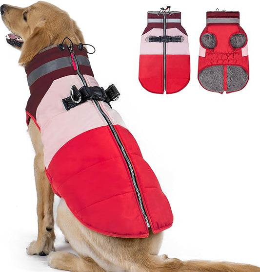 azuza Dog Jacket for Medium Dogs Waterproof Dog Coat with Reflective Strips and Harness Built in Warm Fleece Dogs Winter Coat Windproof with Back Zipper, Red 2XL