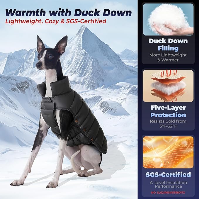 SPACE LION Dog Puffer Jacket, Down Winter Coat, Durable Outdoor Coat for Cold and Windy Conditions, Lightweight & Adjustable Fit Coats for Large Dogs,(Black, Size24/2XL)