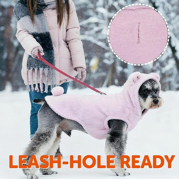 FOFOS Dog Winter Coat, Plush Dog Jacket with Leash Hole, Adjustable Warm Pet Snow Vest for Small Medium Dogs, Pink, XS