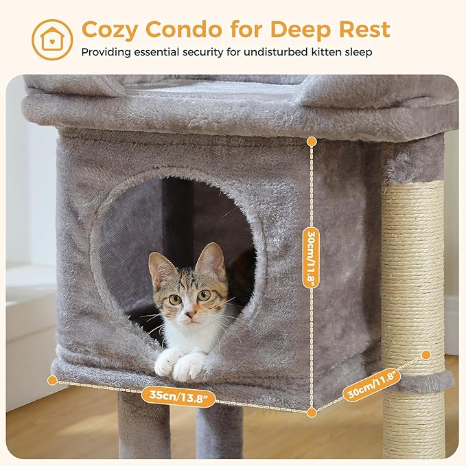 PAWZ Road Cat Tree for Indoor Cats, 26 Inches Cat Tower with Large Perch, Private Condo, Small Cat Condo with Spring Ball & 2 Scratching Posts for Cats-Gray