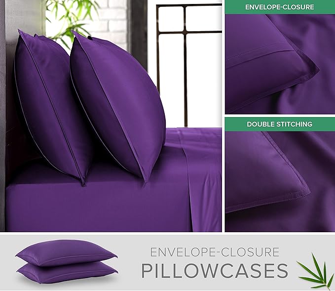 Pure Bamboo King Sheets, Genuine 100% Organic Viscose Derived from Bamboo Bed Sheet Set, Luxuriously Soft & Cooling, Double Stitching, 2 Year Quality Promise (King, Purple)