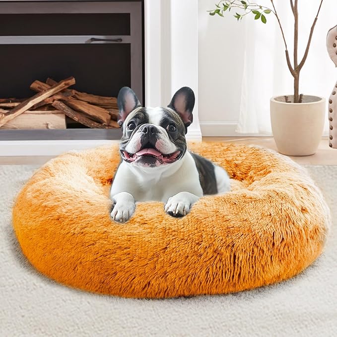 JOLLYVOGUE Calming Small Dog & Cat Bed for Indoor Cats - 20 inches Washable Donut Bed for Kittens & Puppies, Anti-Anxiety Round Fluffy Plush Pet Beds (Fits up to 15 lbs, Orange)