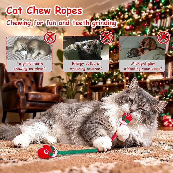 Retro Shaw Christmas Catnip Toys, Kitty Xmas Bundle Cat Toys Chew Ropes 3PCS, Catnip Kitten Toys for Indoor Cats Kitty, Safe Kitten Teething Chew Toy Cat Nip Kicker String