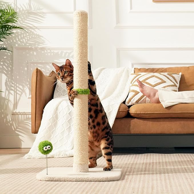 TINYBEAST 34" Tall Cat Scratching Post, Cat Scratcher Featuring Natural Sisal Rope, Cat Tree with Interactive Plush Toy Ball and Stable Base for Indoor Large Adult Cats & Kittens