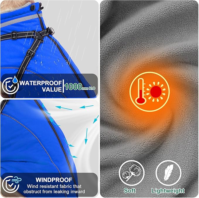 Fragralley Dog Coat with Harness Built in, Waterproof Windproof Reflective Warm Puffer Jacket, Fleece Lined Vest Winter Parka for Small, Medium, Large Dogs