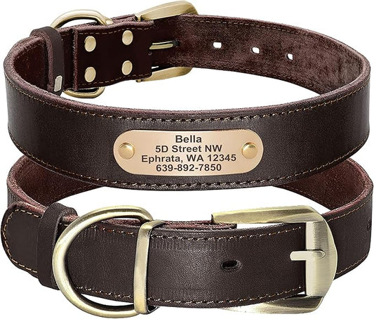 Didog Genuine Leather Dog Collars with Engraved Nameplate, Personalized Soft Leather Dog Collar with Custom ID Tag, Brown/Green/Red for Medium Large Dogs (XL,Brown)
