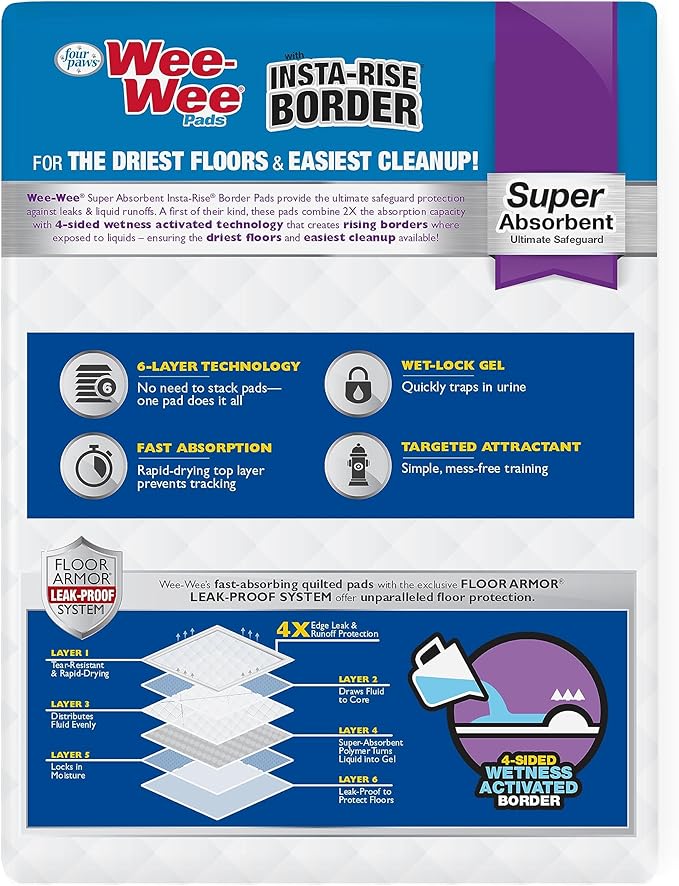 Four Paws Wee-Wee Super Absorbent Unscented Pee Pads for Dogs & Puppies with Insta-Rise Border, Leak-Proof Dog Housebreaking Potty Training Floor Protection, 22" x 23", 10 Count