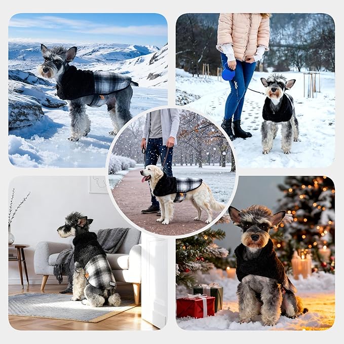 FOFOS Dog Winter Coat, Plush Dog Jacket with Leash Hole, Adjustable Warm Pet Snow Vest for Small Medium Dogs, Black, XL