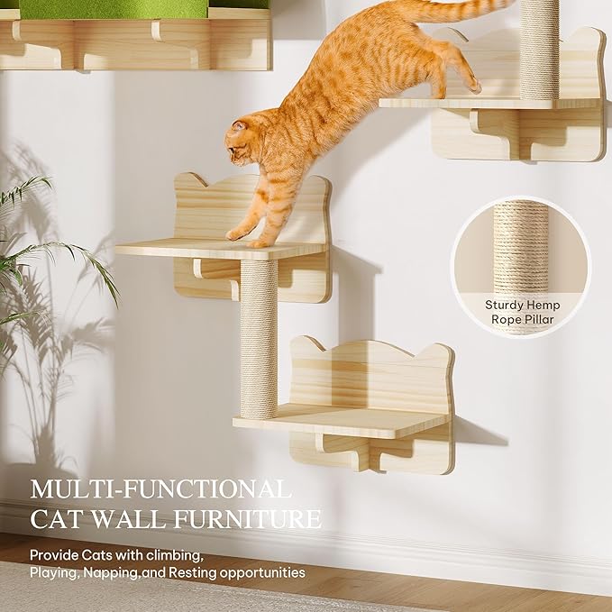 Cat Wall Shelves, 7-in-1 Solid Wood Wall-Mounted Cats Furniture Set with Scratching Post, Cat Climbing Wall Systems with 40''L Tunnel, Steps, Cats Shelf Furniture