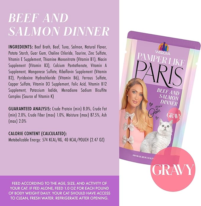 Weruva Paris Hilton Pamper Like Paris Wet Cat Food, Beef and Salmon in Gravy, 2.47oz Pouch, Pack of 12