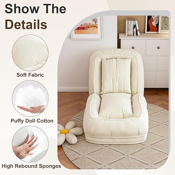 KEIKI Upholstered Human Dog Bed for Adults, Foldable Corduroy Lazy Sofa Bed with 5 Adjustable Positions and 2 Pillows, Giant Human Size Dog Bed for People, Off White