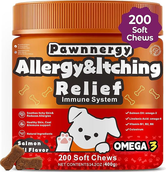 Dog Allergy & Itch Relief Chews - Salmon Oil Omega-3, Omega-6, Vitamin B1/B2/B6, Colostrum Probiotics Supplement for Seasonal Allergy, Hot Spots, Paw Licking, Scratching, 200 Soft Chews