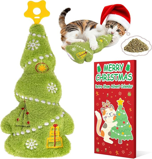 Retro Shaw Christmas Cat Toys, Kitty Xmas Catnip Toys 15.5 Inches Christmas Tree with Crinkle Sound, Safe Kitten Teeth Cleaning Toy, Interactive Kitty Kicker Toy
