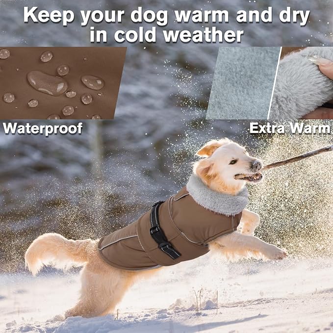 Lelepet Warm Dog Coats for Large Dogs Waterproof Dog Jacket Reflective Pet Fleece Vest Windproof Cold Weather Coats with Adjustable Buckle & Leash Hole, Brown, XL