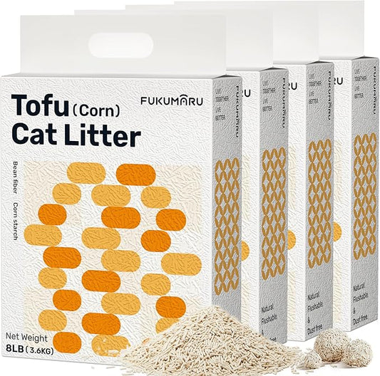 FUKUMARU Tofu Cat Litter, 32lb Fast Clumping & Superior Odor Control, 100% Natural with Bean Dregs & Corn Starch, Dust-Free, Flushable, Low Tracking, Ultra Absorbent, Lightweight, 8lb x 4 Bags