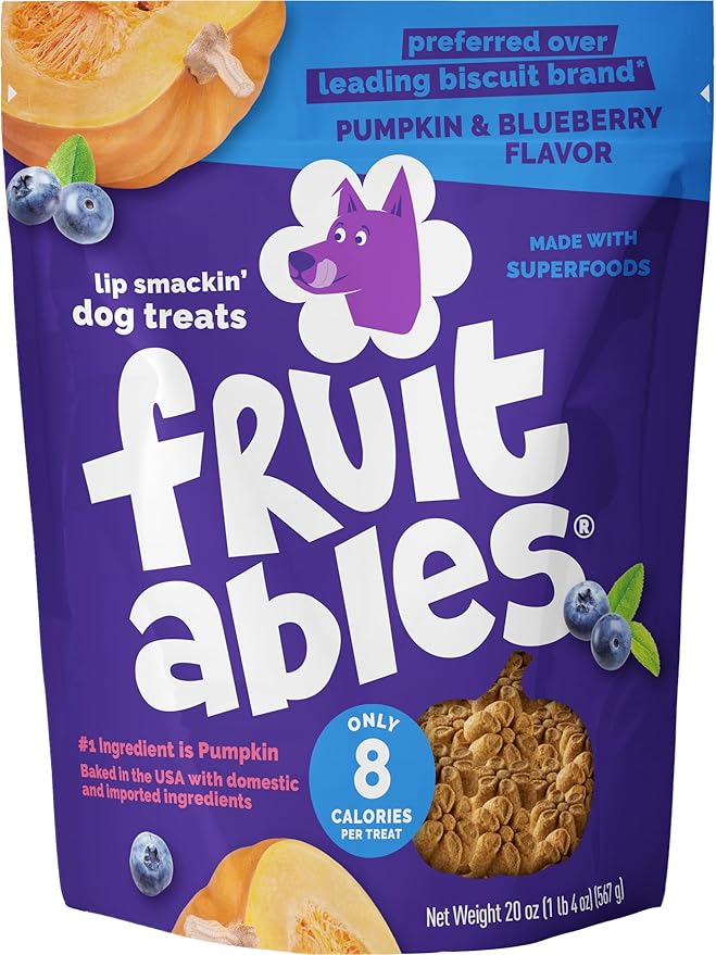 Fruitables Baked Dog Treats, Pumpkin Snacks for Dogs, Low Calorie & Delicious, No Wheat, Corn or Soy, Healthy Puppy Training Treats, Made in The USA, Pumpkin and Blueberry Flavor, 20oz